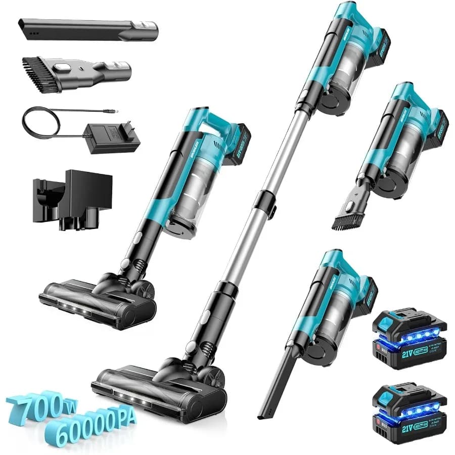 Aspirapolvere Senza Fili con 2 Batterie da 4000mAh, 700W, 60Kpa, Aspirapolvere a Bastone 6 in 1, Motore Brushless