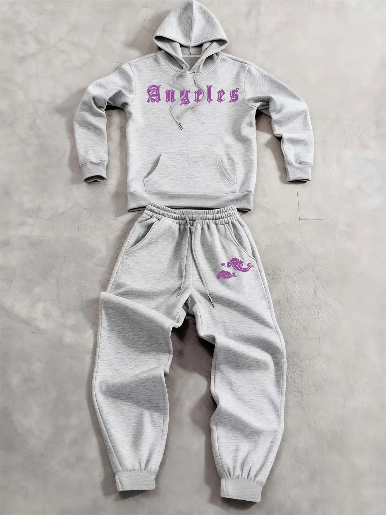 Men Tracksuit Gray Casual Loose Fit Korean Streetwear American Style Y2K Retro Two Piece Outfit Hoodie Jogger Pants Sweatshirt