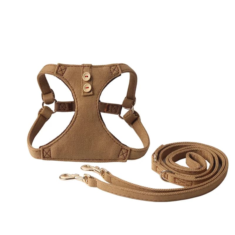Set di pettorina e guinzaglio per cani in denim di cotone - Pettorina pettorale traspirante regolabile con bottoni automatici decorativi per piccole razze