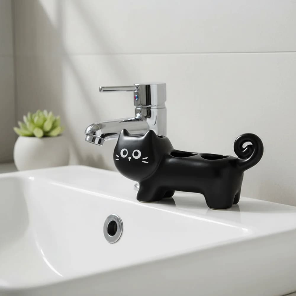 Supporto per Spazzolino Elettrico a 3 Fori in Ceramica, Impermeabile, Base Durevole a Forma di Gatto, per Uso Domestico