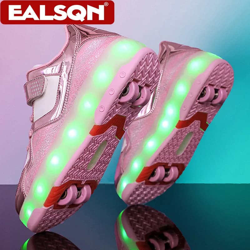 Light Skate Shoes with 4 Wheels Removable LED Lighted Gymnastics Shoes Rechargeable via USB for Kids Sports Shoes, Boys and Girls
