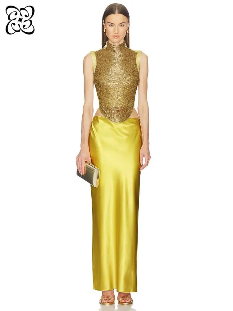 2026 Yellow Two-Piece Evening Gown for Women High Neck Gold Textured Crop Top & Bandage Maxi Skirt Wedding Guest Prom Dress