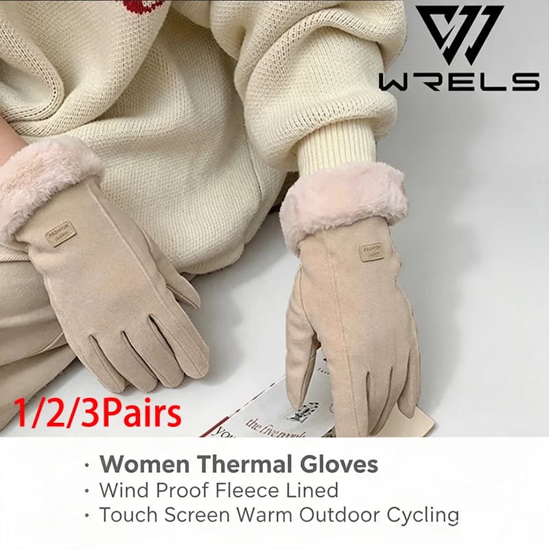 1/2/3Pair Women Thermal Gloves Lined Cycling Gloves Winter Riding Gloves Wind Proof Fleece Touch Screen Warm Outdoor Gloves