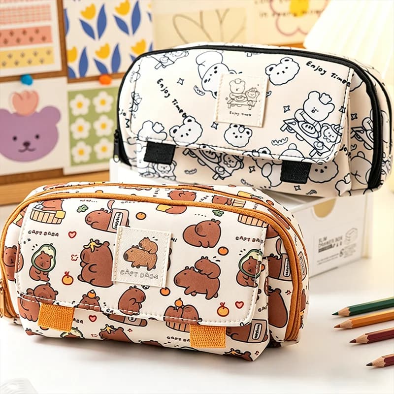 INS Cute Animal Capybara Four-layer Large Capacity Pen Bag Cartoon Pencil Case Stationery Organizer Storage Bag Students Gift