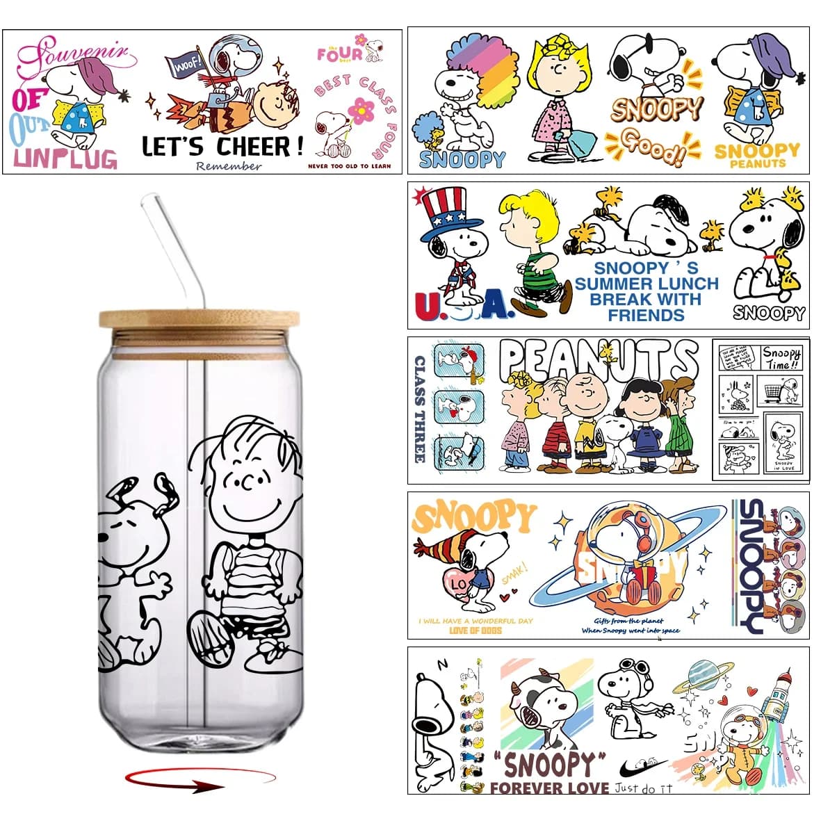 Adesivi UV DTF 30*10cm Serie Snoopy per Bicchieri, Bottiglie, Vetro, Autoadesivi Lavabili Fai-da-Te, Decalcomanie Durevoli per Auto e Vetro