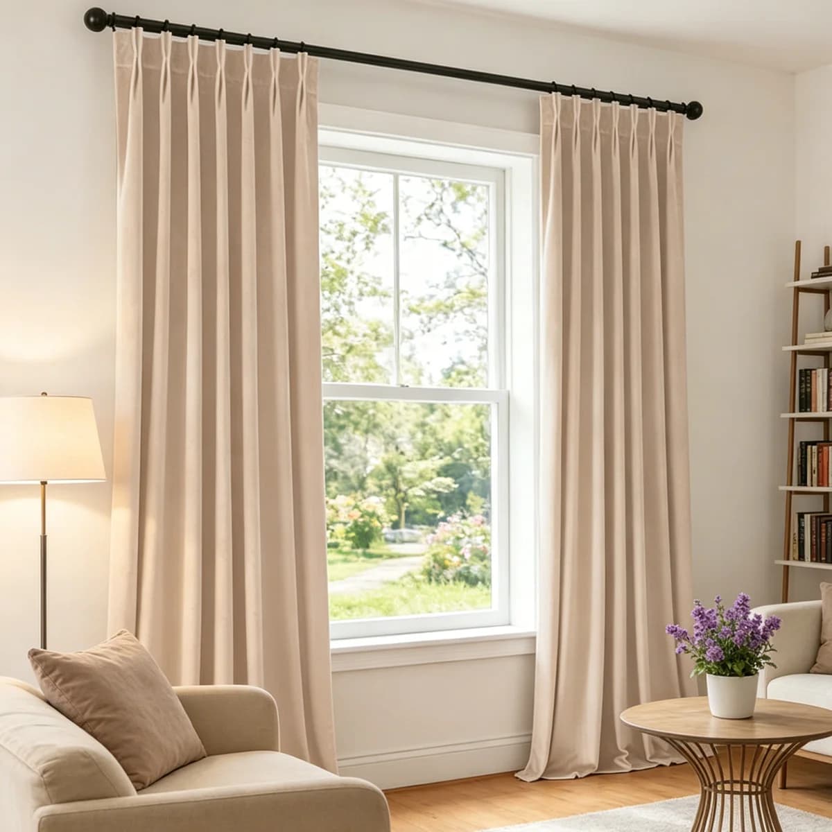2 Panels Cream Beige Velvet Curtains, Thermal Pinch Pleat Drapes for Living Room & Bedroom