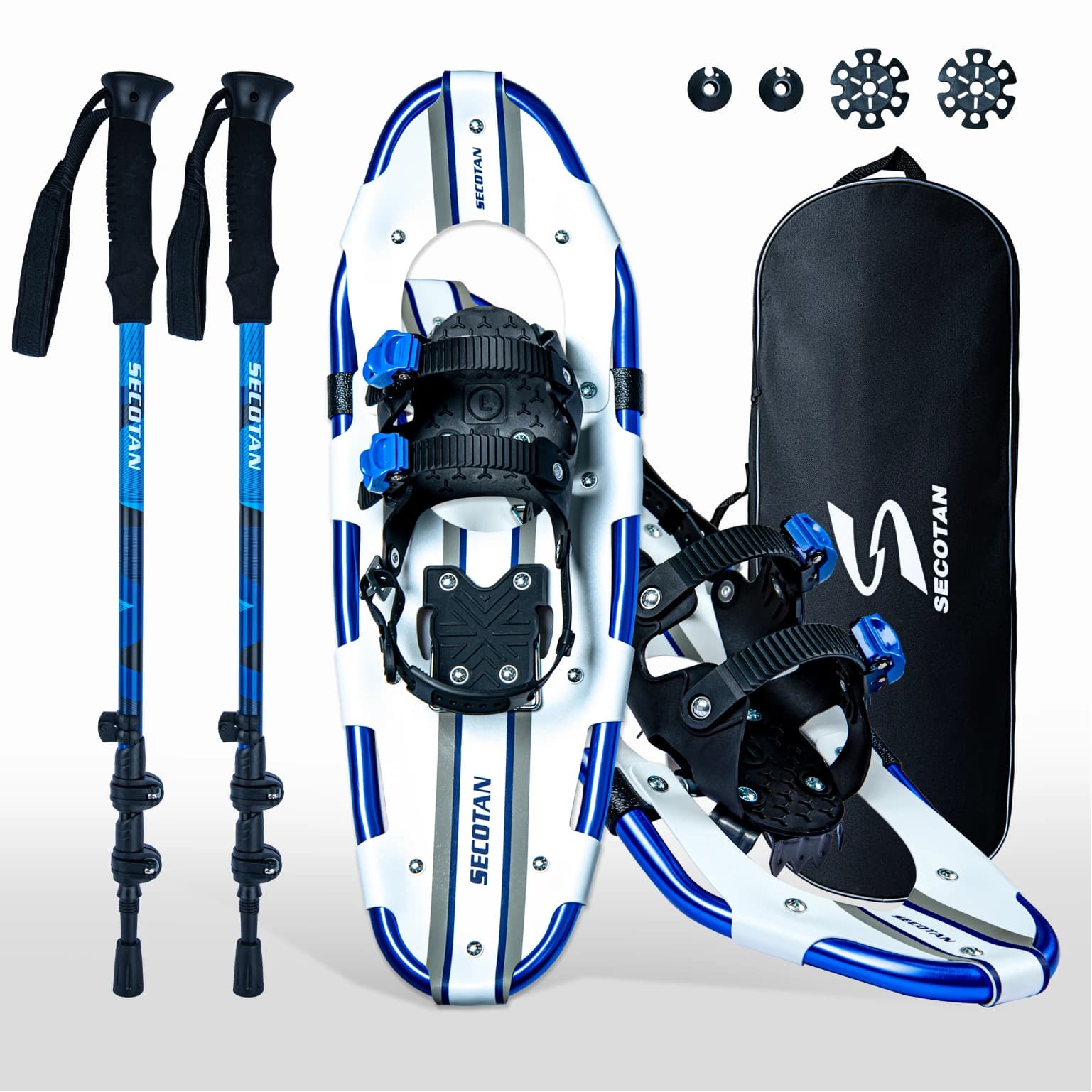 Lightweight aluminum snow racks with flexible pivot, multiple sizes and trekking poles for excursions on all terrain, men and women