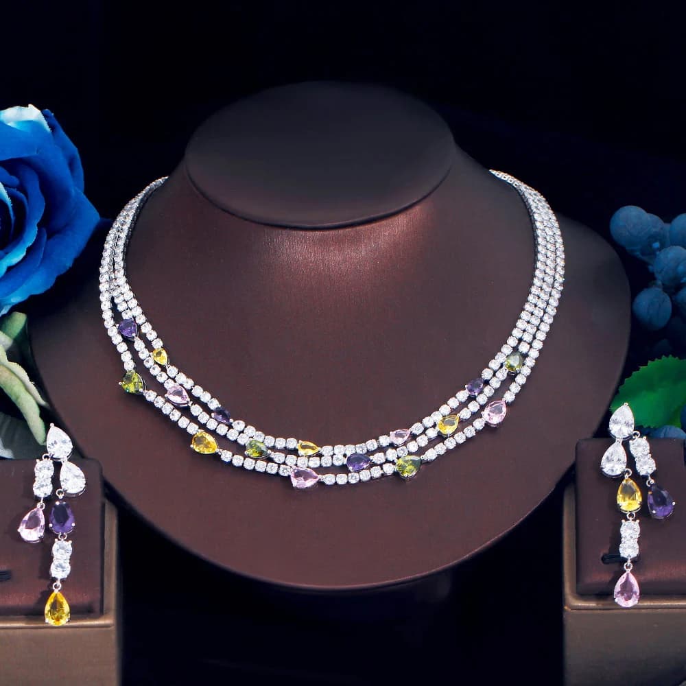 ThreeGraces Polished Colorful Cubic Zirconia 3 Rows Multilayer Wedding Necklace Crewneck Earrings Jewelry Set for Women TZ784