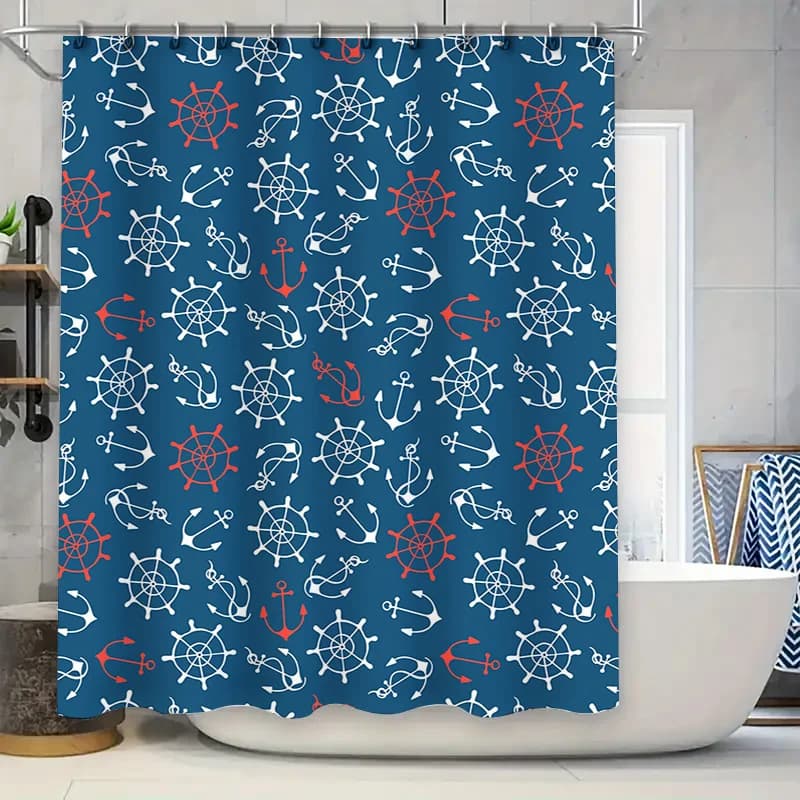Tenda da doccia impermeabile nautica blu rossa Decorazione da bagno stampata decorativa marina appesa 72 x 84 pollici Decorazione da bagno