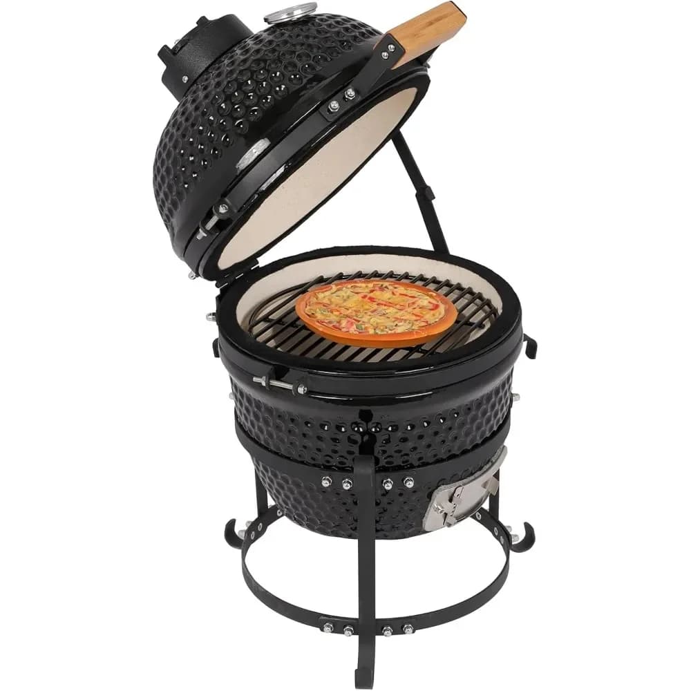 Griglia in ceramica, griglia a carbone rotonda da 13", griglia per barbecue portatile con termometro per variazioni sui metodi di cottura