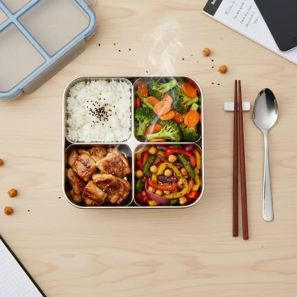Contenitore per il pranzo quadrato a 4 scomparti, facile da pulire, a tenuta stagna, adatto al microonde, in acciaio inossidabile 304, per studenti.