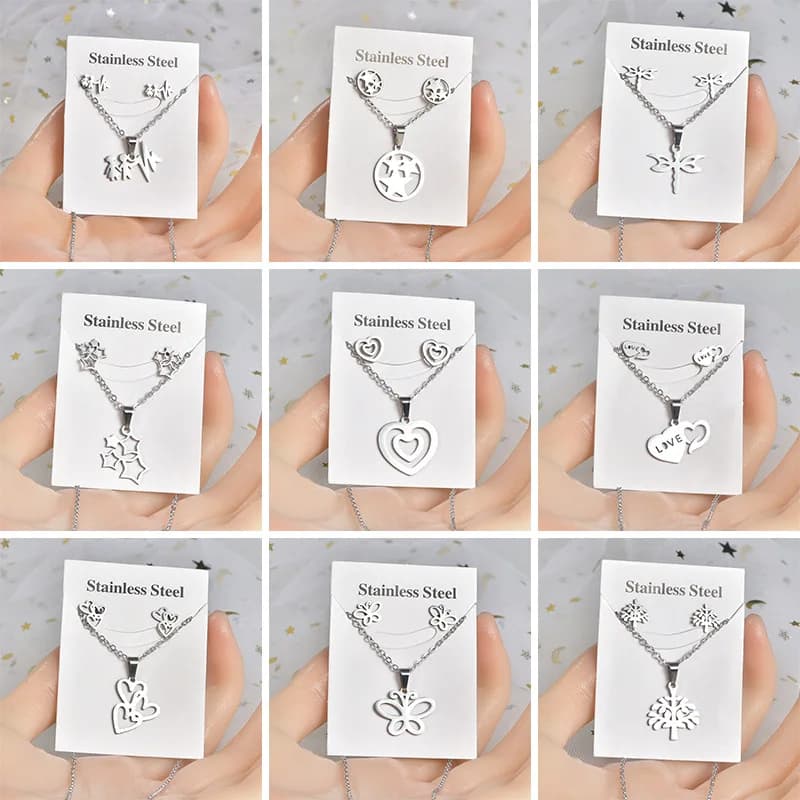 2023 Fashion Stainless Steel Love Butterfly Dragonfly Necklace Earrings Set Gift Wholesale