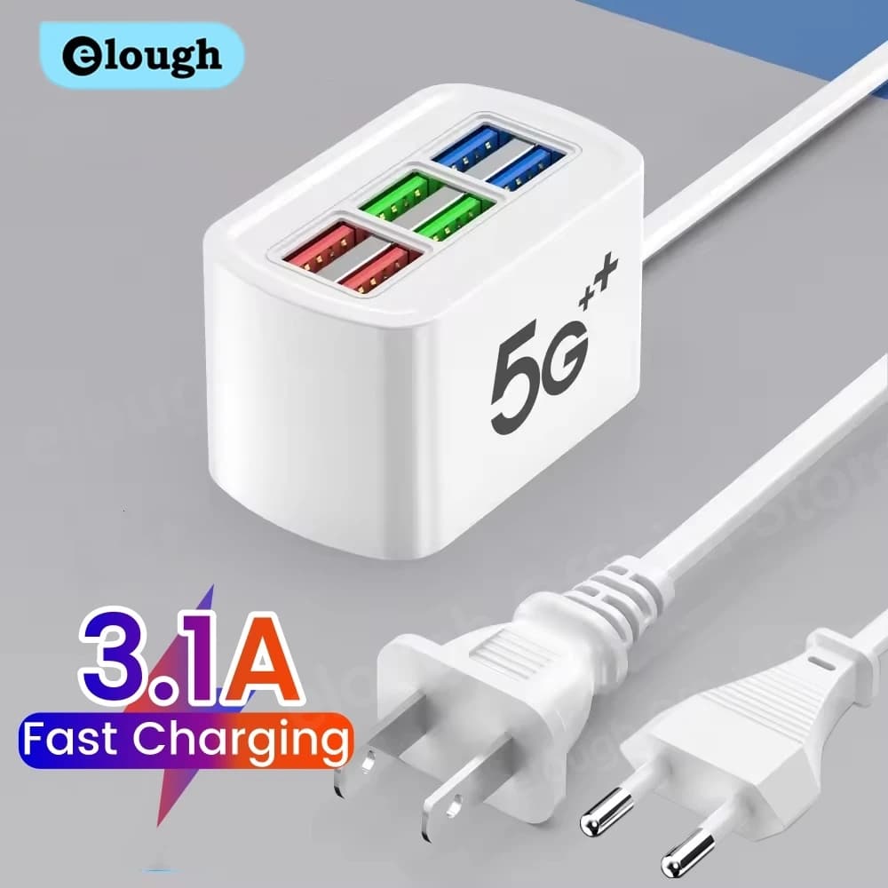 Elough 6 Caricatore USB Presa multipla Desktop Ricarica rapida Spina UE/USA Adattatore per caricabatterie per telefono da parete Presa elettrica HUB Splitter 1M