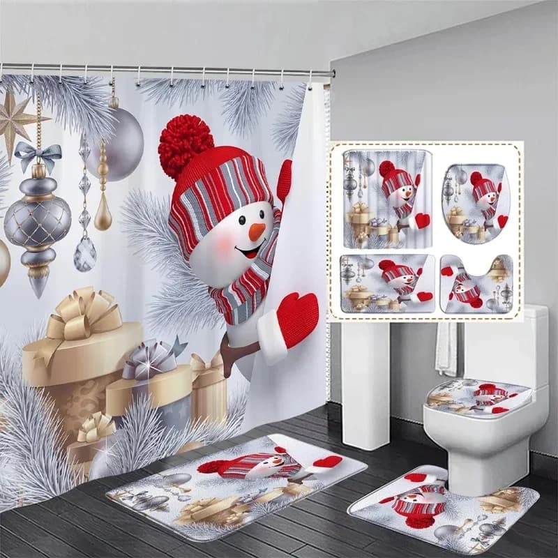 VIKAMA Winter Christmas Shower Curtain Funny Peeking Snowman Ornament Print Waterproof Curtain for Bathroom Festival Decoration