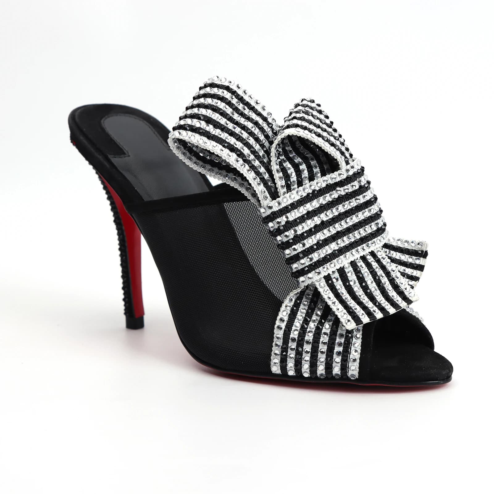 Sandali da Donna con Tacco a Spillo e Punta Aperta in Rete, con Fiocco a Strisce di Strass, Suola Rossa Scintillante, Scarpe Eleganti per Feste e Matrimoni