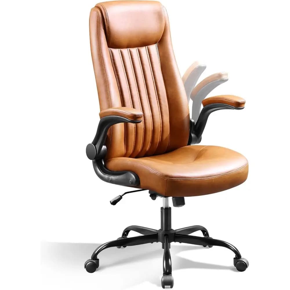 Sedia da ufficio ergonomica con schienale alto, braccioli regolabili, supporto lombare, cuscino spesso, marrone