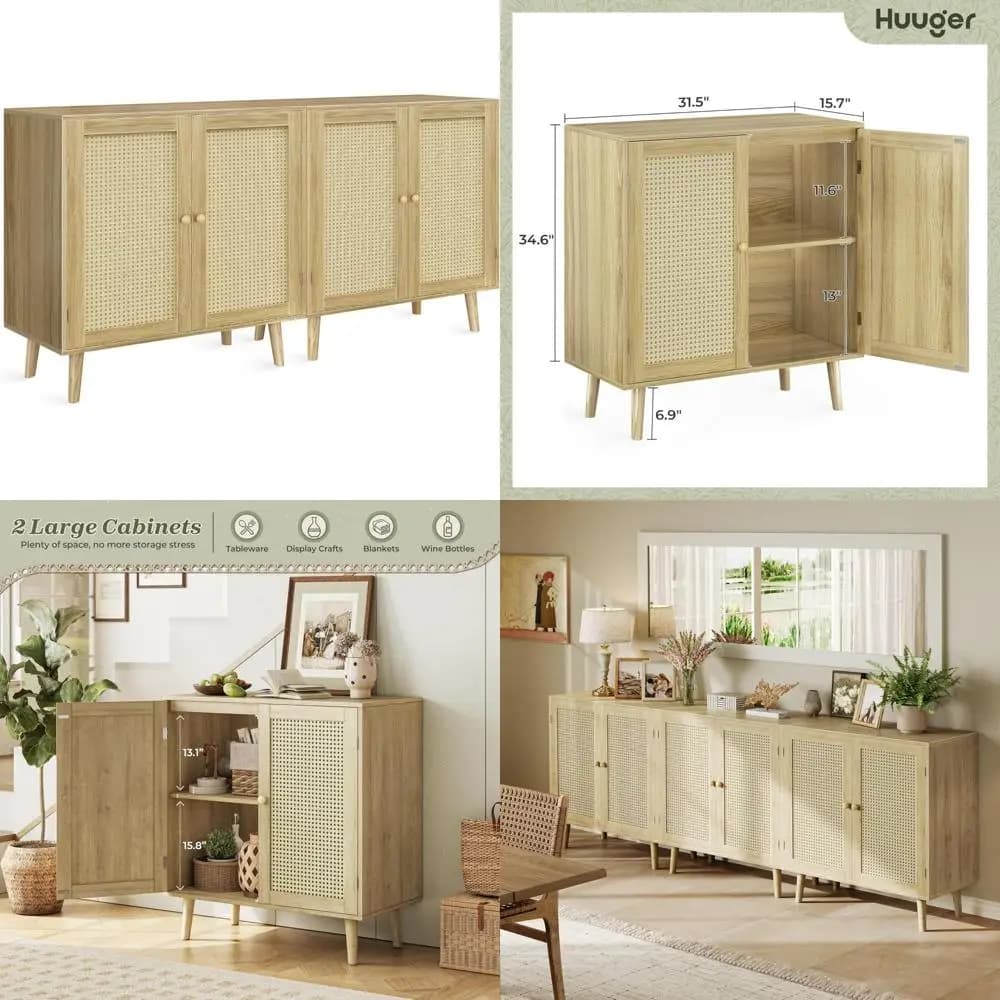 Set di 2 grandi armadietti per buffet portaoggetti, armadietti in rattan con ante in legno massello, mobili per sala da pranzo salvaspazio