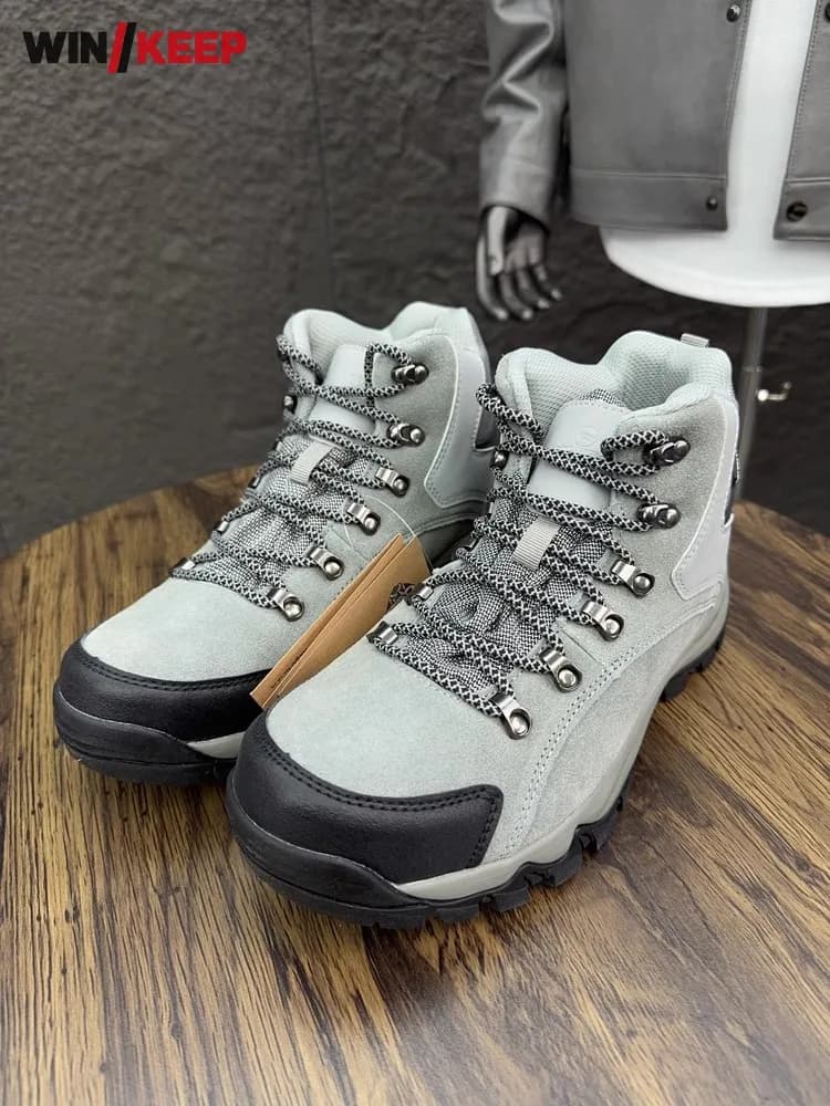 Scarpe da trekking impiombate in pelle scamosciata di mucca da uomo per esterni Scarpe da campeggio alte con plateau antiscivolo Scarpe da ginnastica sportive impermeabili