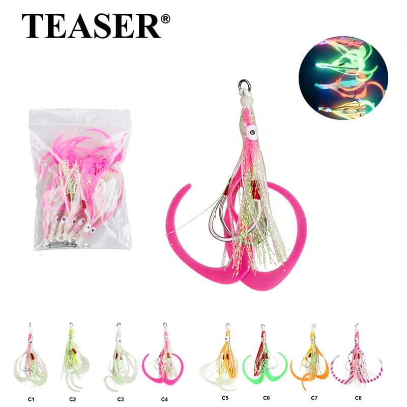 TEASER 10 PEZZI/SACCHETTO Esche Artificiali Bioniche a Forma di Calamaro per Slow Jigging con Doppia Piastra in Ferro per la Pesca in Mare da Barca, Adatte per Merluzzo e Spigola