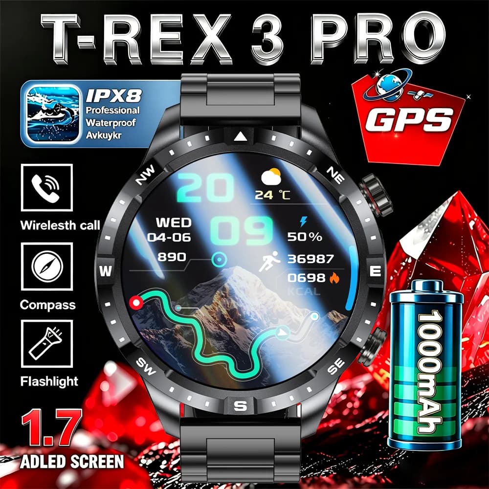 New men's smartwatch, 1.7-inch high-definition display, built-in compass, 1000mAh long-lasting battery, LED flashlight. Features