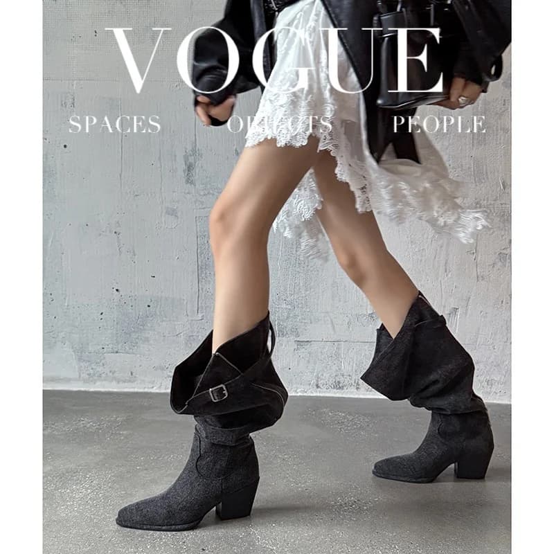 2026 autumn winter women knee-high boots 22-25cm denim pointed toe belt buckle back zipper morden Pile up long boots