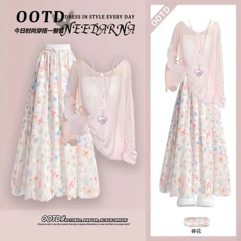 Completo Primaverile da Donna 2026 Nuovo Set Tre Pezzi: Top a Maniche Lunghe con Protezione Solare, Blusa e Pantaloni Floreali con Spalline