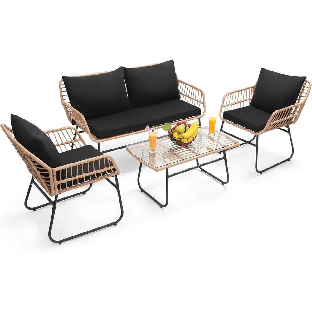 4 Piece Patio Bistro Outdoor urniture Set, Wicker Soa, 2 Rattan Chairs and Table, Backyard Contion Set, Washable Cushions, Natur