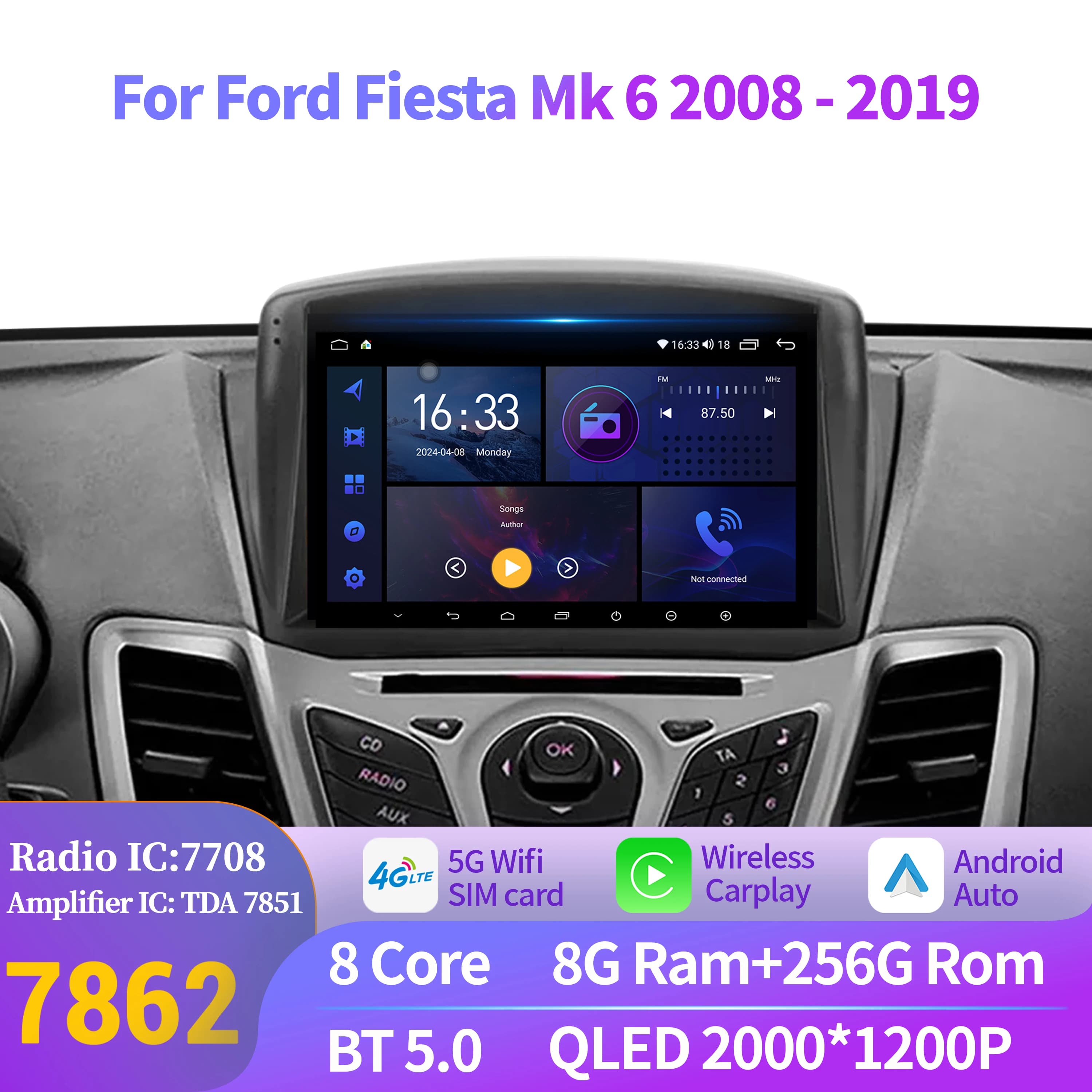 For Ford Fiesta Mk 6 2008-2019 Car Radio Wireless Carplay Android 14 Player Navigation GPS Auto Radio Head Unit 2K QLED Screen