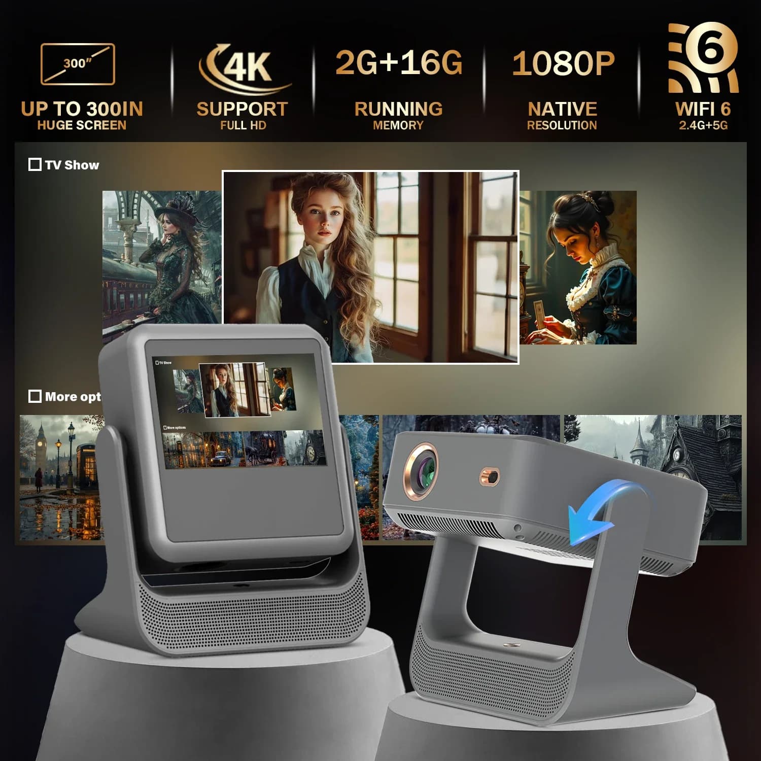 Proiettore intelligente a doppio schermo - 4K e 1080P, controllo touch, portatile, giochi/karaoke, HDMI/USB, BT/WiFi, intrattenimento definitivo