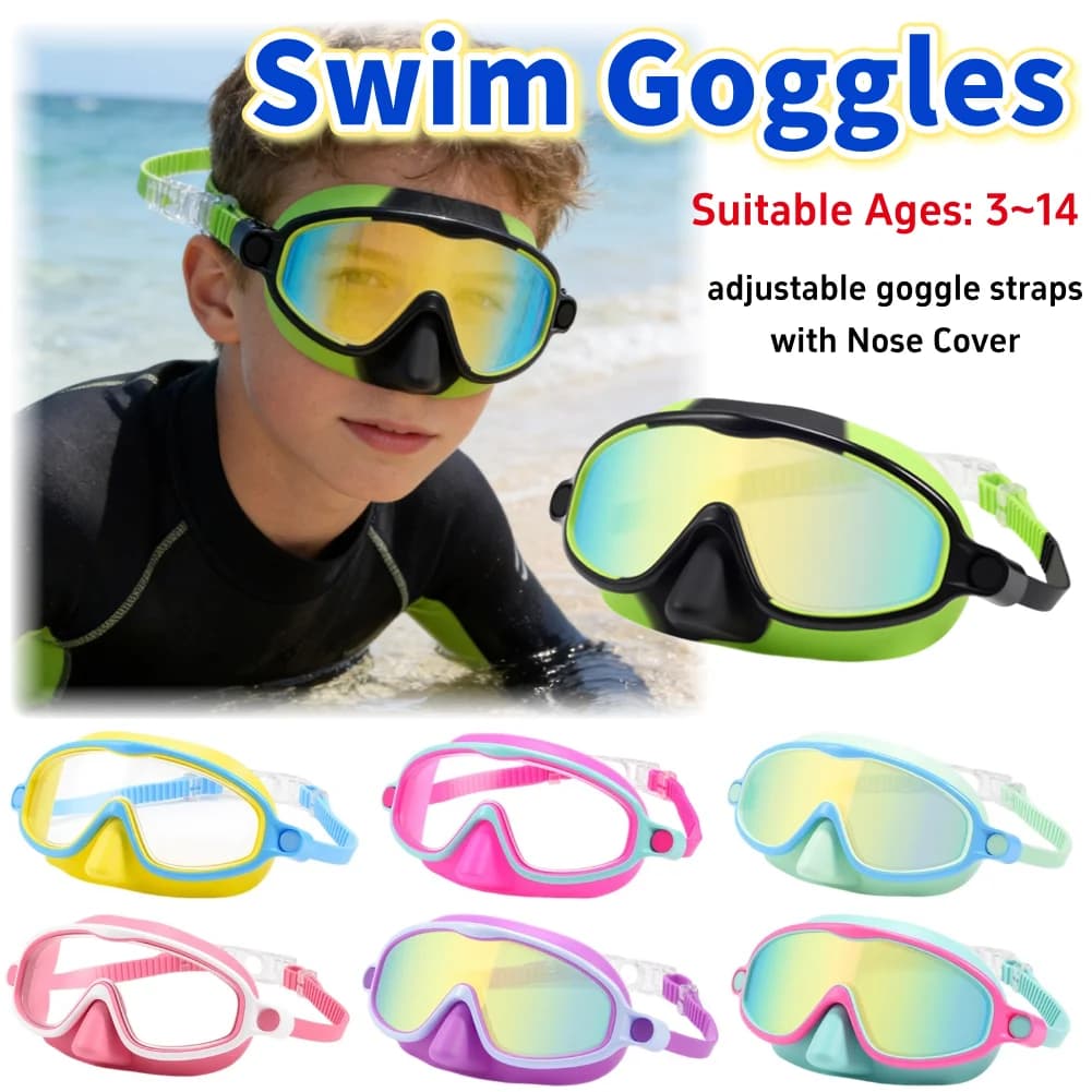 Kids Swim Goggles with Nose Cover with Comfort Elastic Strap Anti-Fog Wide View Swimming Goggles for Youth Toddler Ages 3-14