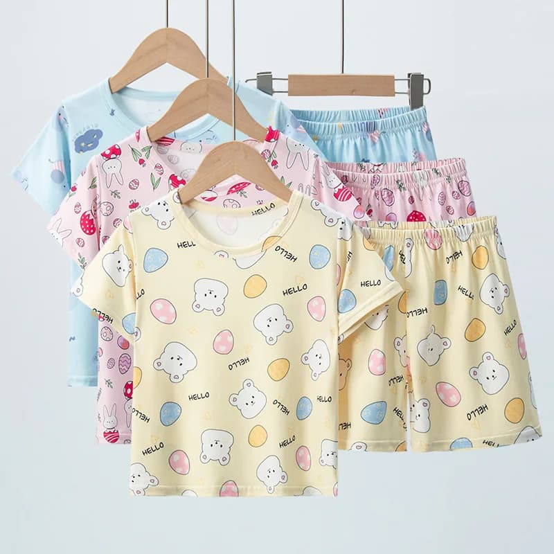 Pigiama Estivo per Bambini, Completo con Pantaloncini e Maglietta a Maniche Corte, Abbigliamento Casual con Stampe Cartoon per Bambini e Bambine