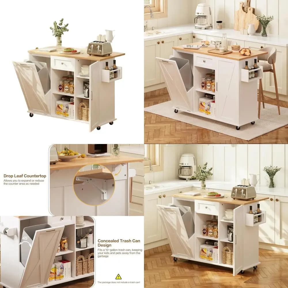 Isola da Cucina Mobile da 52 Pollici con Piano Ribaltabile, Contenitore per Rifiuti, Porta Spezie e Portasciugamani