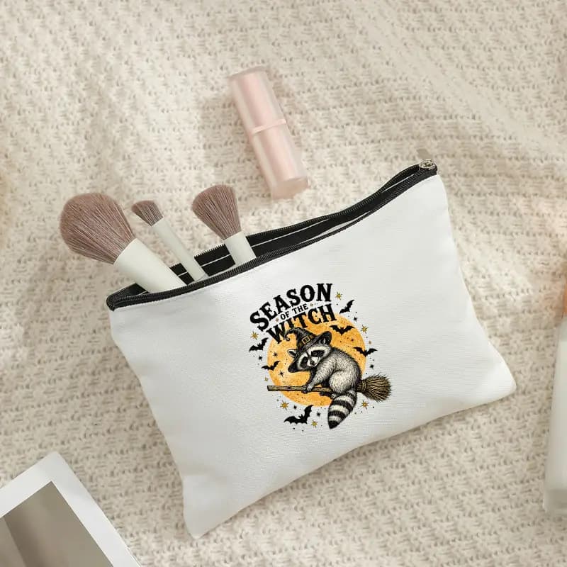 Halloween Raccoon Witch Zipper Pouch Season Of The Witch Print Canvas Cosmetic Bag Cute Animal Travel Makeup Storage Pouch
