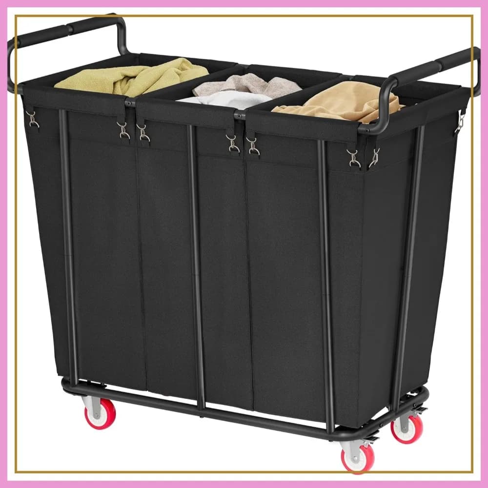 Cesto Portabiancheria con Ruote da 360L, 3 Scomparti, Carrello Organizzatore Extra Large e Resistente per Lavanderia, Bagno, Nero