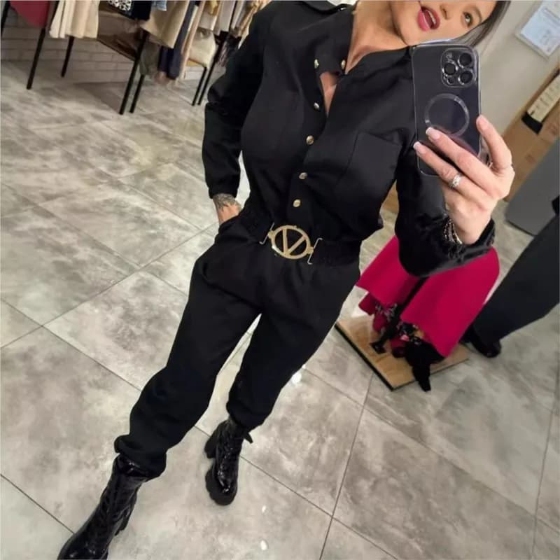 Fashion Jumpsuit Women Autumn Long Sleeves Shirt&Trousers One-piece Suits Belt Solid V-neck Street Work Jumpsuits Commuting Sets