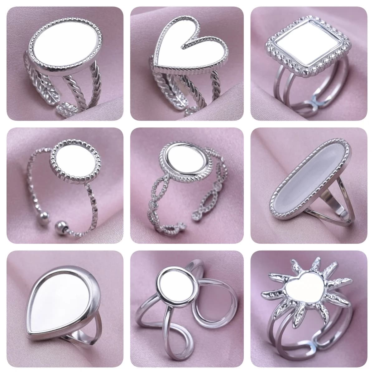 5 pezzi breve metallo colore argento di alta qualità senza sbiadimento anello apertura geometria regolabile sole quadrato base vuota accessori per dita