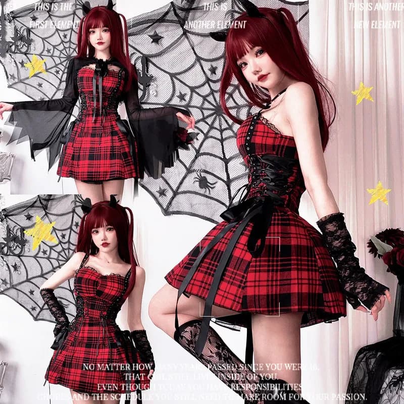Abito Gotico da Donna per Halloween, Vestito a Cuore con Corsetto, Senza Spalline, con Orlo Irregolare Patchwork a Quadri, Costumi Y2K per Performance