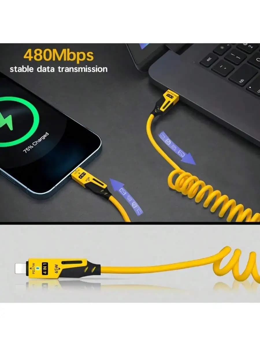 Cavo a molla retrattile 4 in 1 con ricarica rapida da 65 W e sincronizzazione dati a 480 Mbps per dispositivi iPhone, Android, USB-C, Micro-USB
