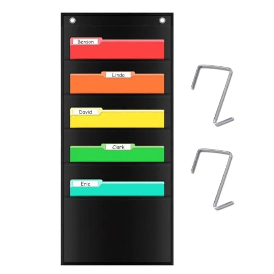 File Storage Pocket Chart with 5 Pockets - Hanging Wall Folder Organizer for Classroom Office and Home, 2 Over Door Hangers, Or