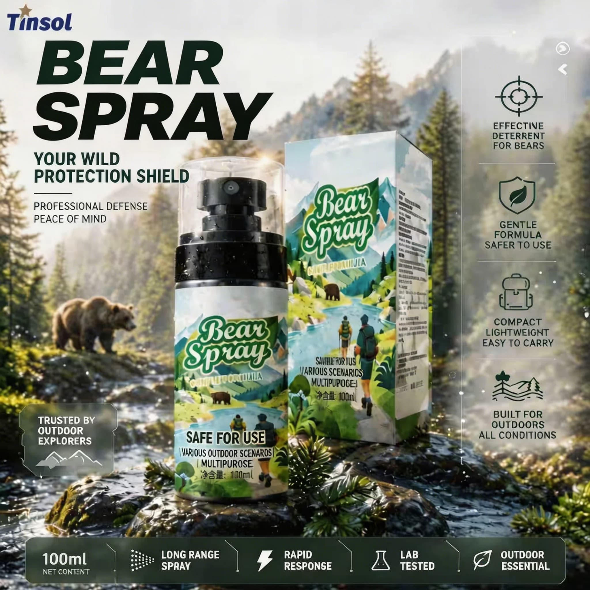 2026 New Bear Dog Deterrent Pepper Oil Non-Lethal 100ml Wildlife Repellent Spray Safety Lock Camping Hiking Forest Animal Gear