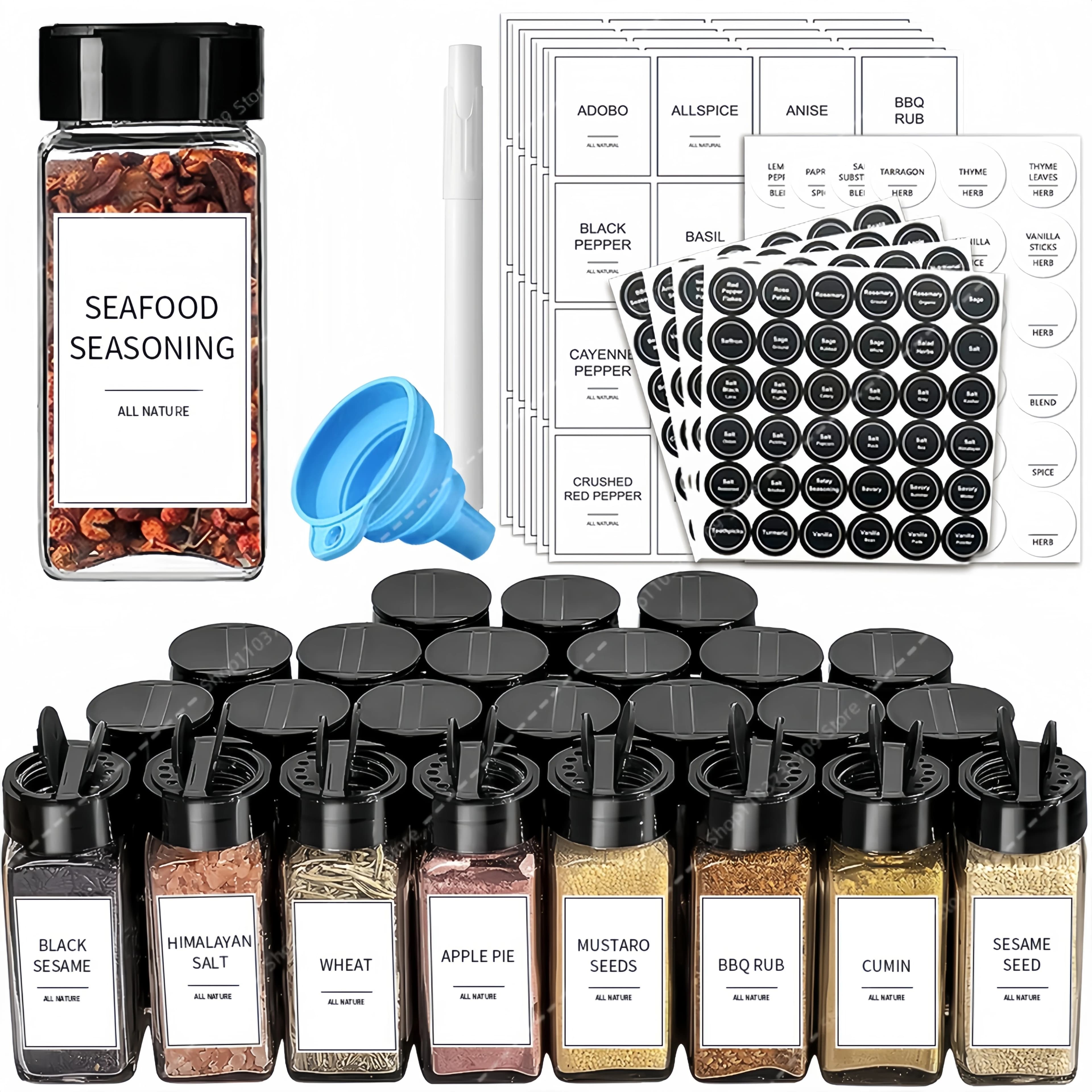 Barattoli di spezie da 12 pezzi con etichetta Contenitori per condimenti Barattoli di spezie in vetro per sale con coperchio shaker nero Agitatori per peperoni Set di contenitori per spezie