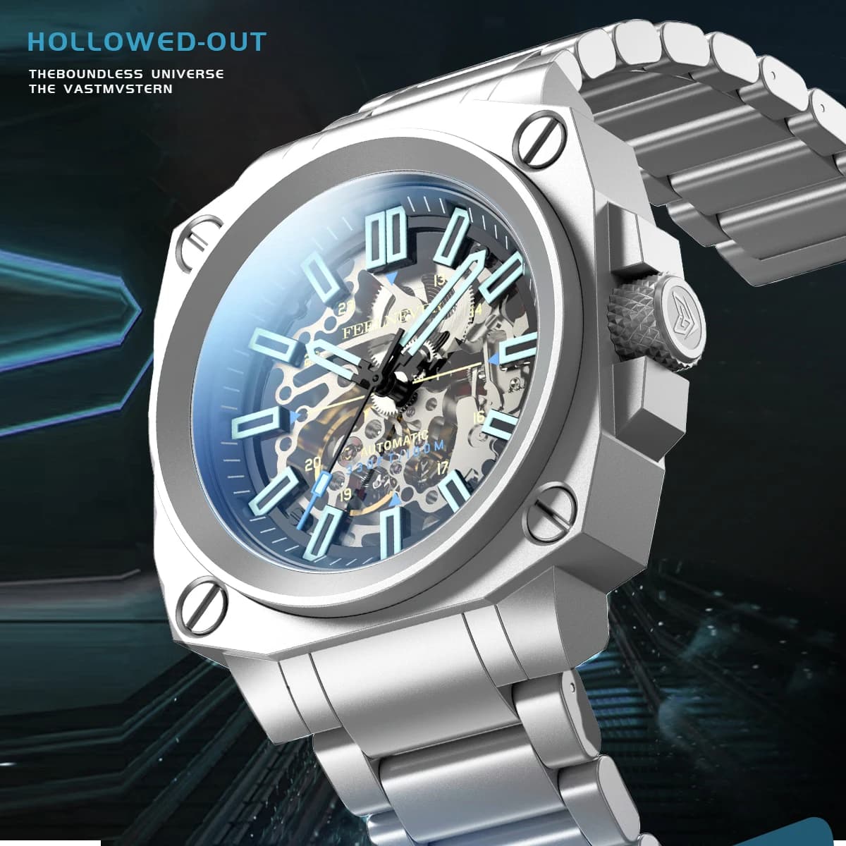 FeelNever Orologio da uomo meccanico di lusso di marca superiore in acciaio inossidabile con orologio luminoso automatico sportivo casual impermeabile da 100 m