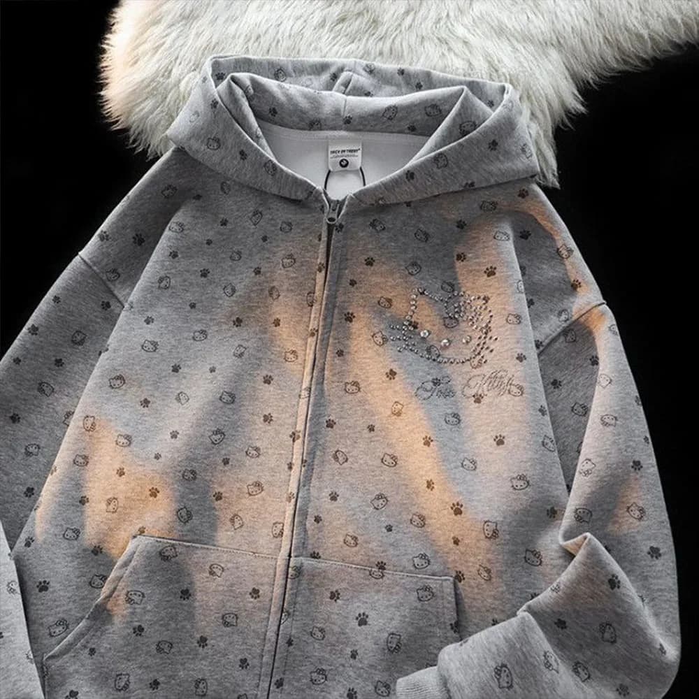 Sanrios Hello Kitties Women's Hooded Jacket Y2K Printed Cardigan Korean Style Spring and Autumn Fashion Hooded Zipper Cardigan