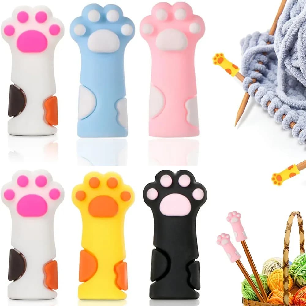 6pcs Cute Cat Paw Knitting Needle Stoppers Needles Point Silicone Protector Anti-shedding Cap DIY Weave Tool Sewing Accessories
