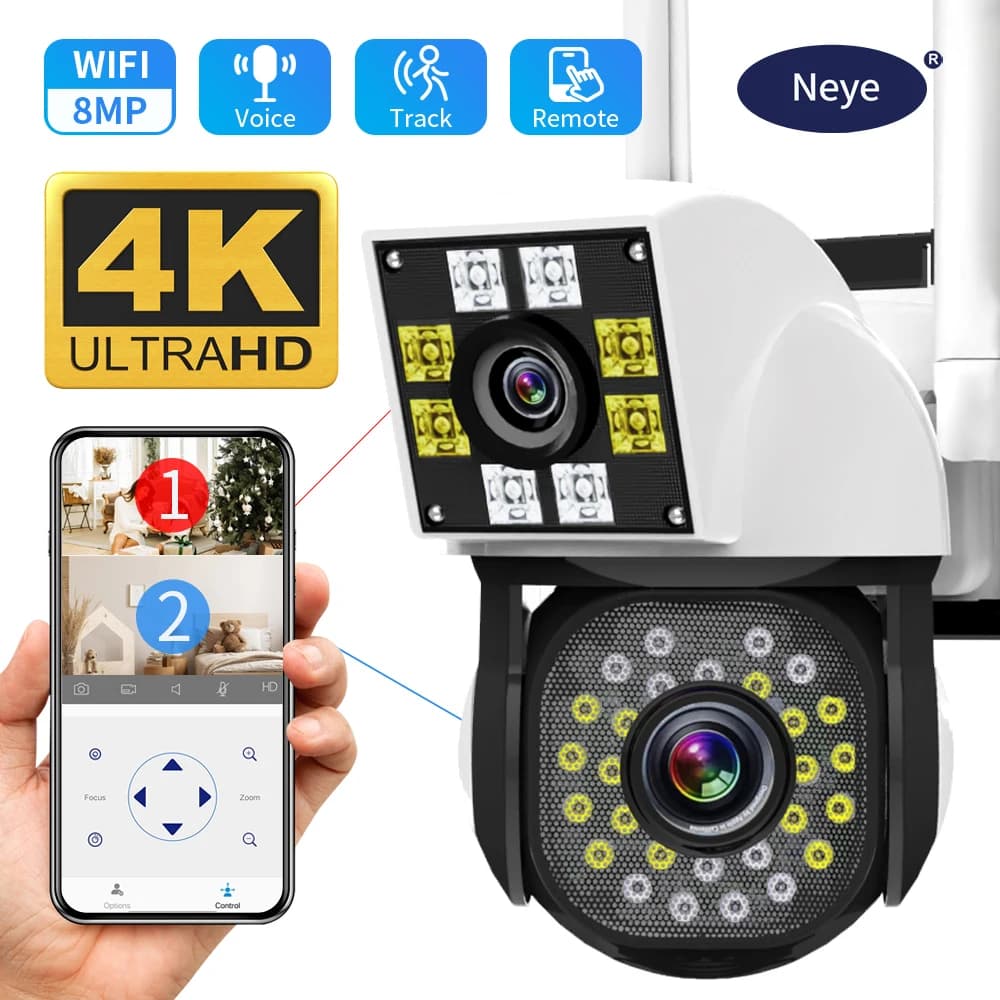 Neye Telecamera di sicurezza domestica intelligente per esterni 8MP 4K Telecamera IP binoculare PTZ a doppio obiettivo Telecamera audio CCTV con tracciamento automatico