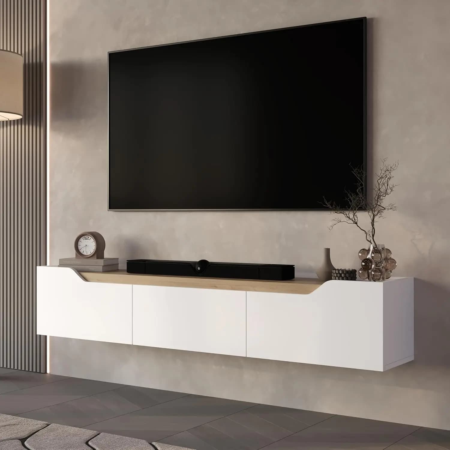 Mobile TV Sospeso con Centro Intrattenimento e Gestione Cavi per Soggiorno, 75 Pollici, Rovere Bianco, Personalizzabile