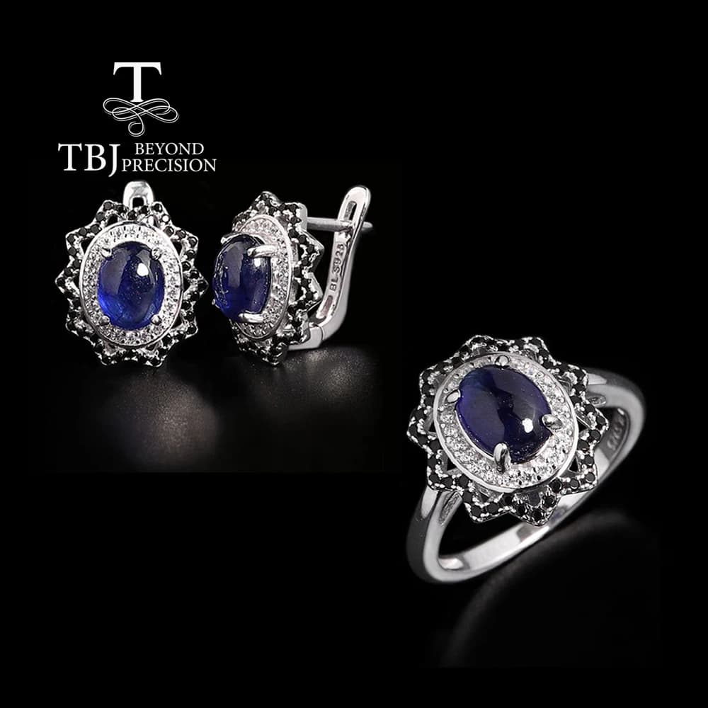 925 Sterling Silver Vintage Ring Earrings with Natural Filled Sapphire Gemstones Luxury Light Jewelry for Women's Birthday Gifts