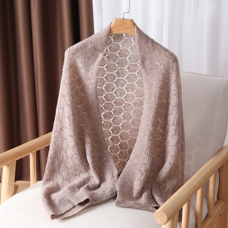 Spring Autumn Pure Woolen Shawl Warm Outerwear Hollow out Shoulder Protector Air Conditioned Room Versatile Korean Style Scarf
