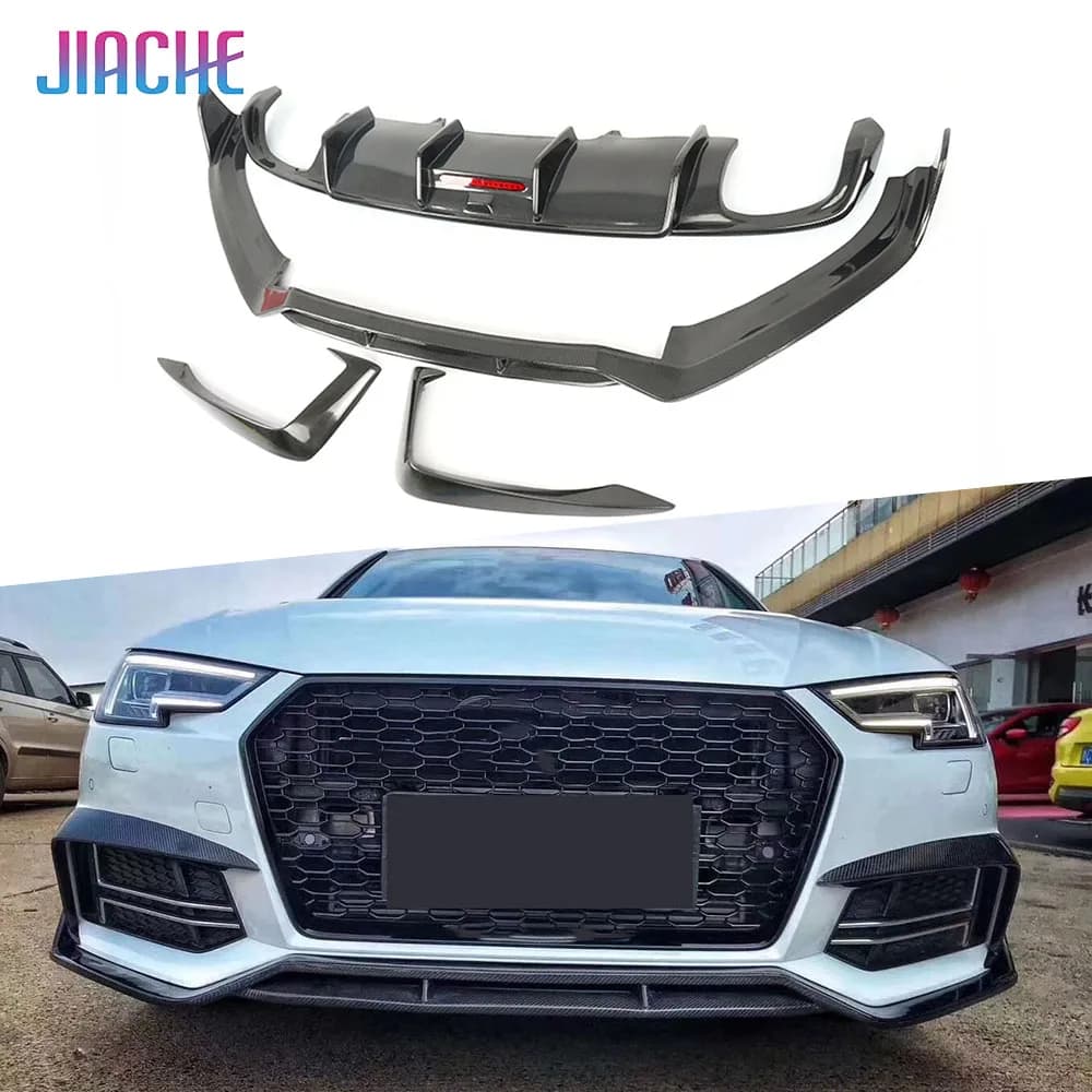 JIACHE For Audi A4 S4 B9 2017-2019 Carbon Fiber Body Kit: Eyebrow Headlight Front, Spoiler Front bumper, Back diffuser, Spoiler Rear