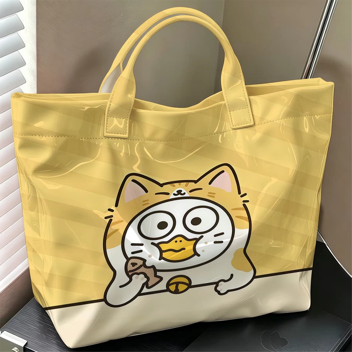 Cat Duck Cute Large Glossy PVC Tote Bag Hand Washable Lightweight Soft Great for Travel Commute Makeup Storage Handbags